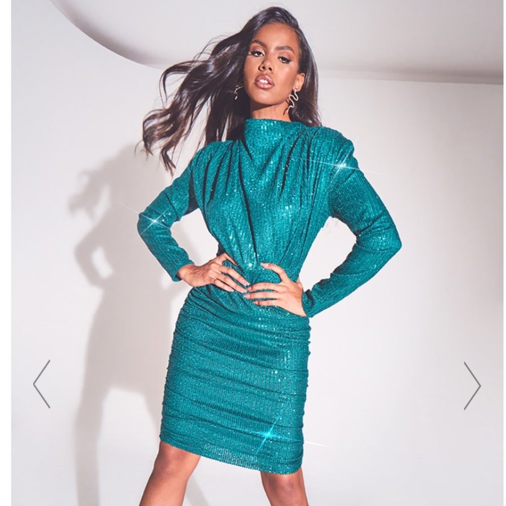 EMERALD GREEN SEQUIN SHOULDER PAD RUCHED FRONT MID